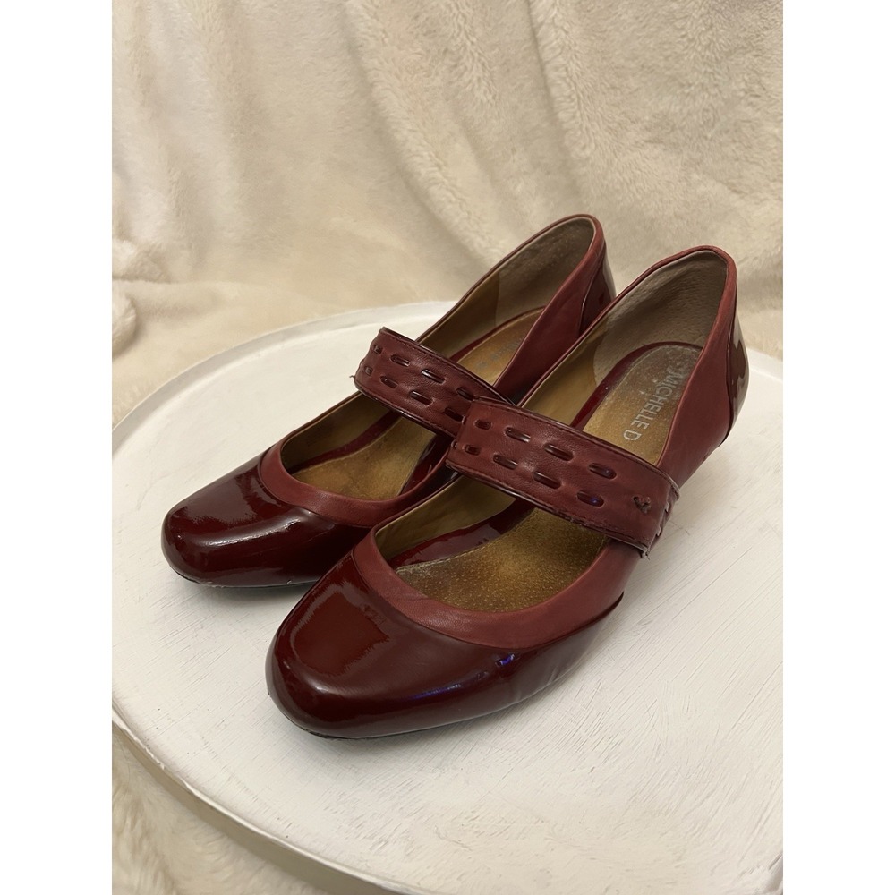 Michelle D Red Burgundy Glossy Mary Jane Shoes Stitch Strap Women Sz 9
